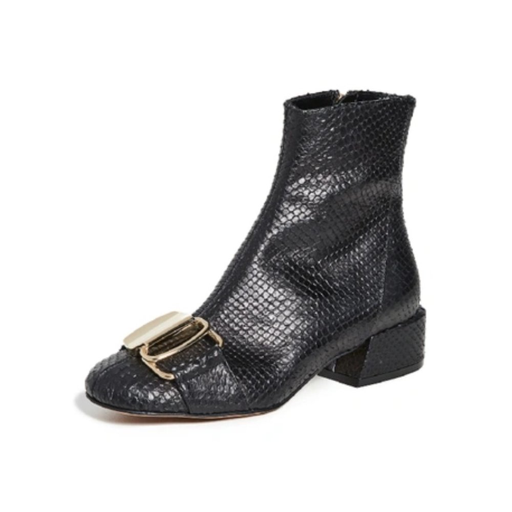 Tibi Wyatt Ankle Boots Black Snake Embossed Cowhide Leather Block Heels 39.5
